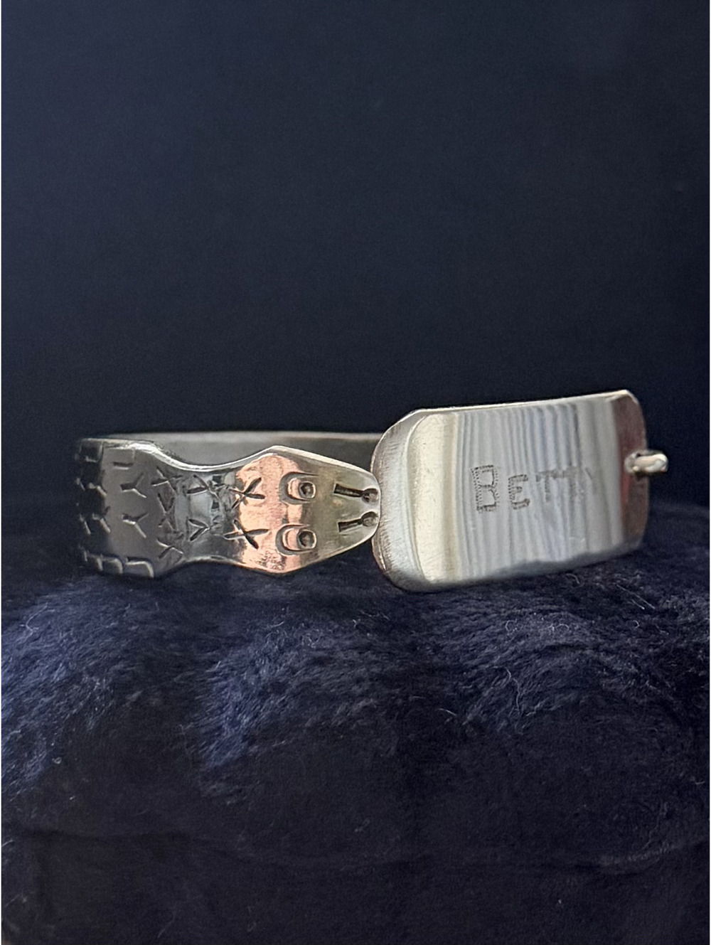 Vintage 1940s WWII Trench Art Silver Tone Steel Snake Engraved BETTY Bracelet